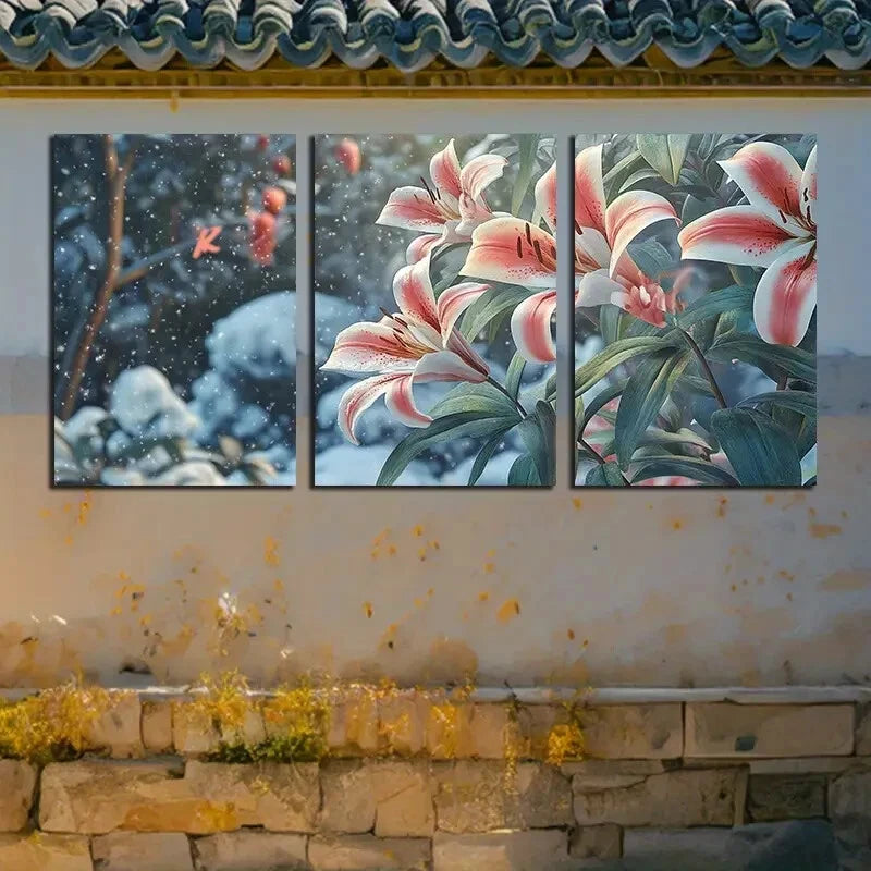3pcs Charming Lily Flowers in Snow Design Metal Print Ready to Hang Art - Bella Home Decor