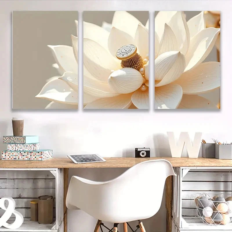 3pcs Lotus White Flowers Painting  Wall Art Set Canvas Framed 50x70cm - High Quality Print 100% Australian Made Wall Canvas Ready to Hang - Bella Home Decor