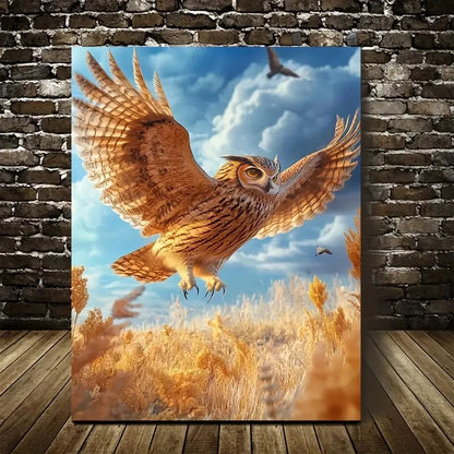 Fantasy Owl in Flight on Sunny Savannah Painting 40x60cm Metal Print Ready to Hang - Bella Home Decor