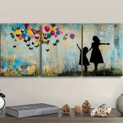 3pcs Little girl and butterfly balloon Wall Art Set Canvas Unframed - High Quality Print 100% Australian Made Wall Canvas