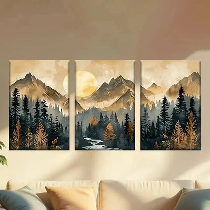 3pcs Mountain Scene with River and Trees Wall Art Set Canvas Framed 50x70cm - High Quality Print 100% Australian Made Wall Canvas Ready to Hang