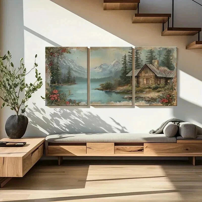 3pcs Rustic Log Cabin Lake View Snowy Mountains Wall Art Set Canvas Framed 50x70cm - High Quality Print 100% Australian Made Wall Canvas Ready to Hang - Bella Home Decor