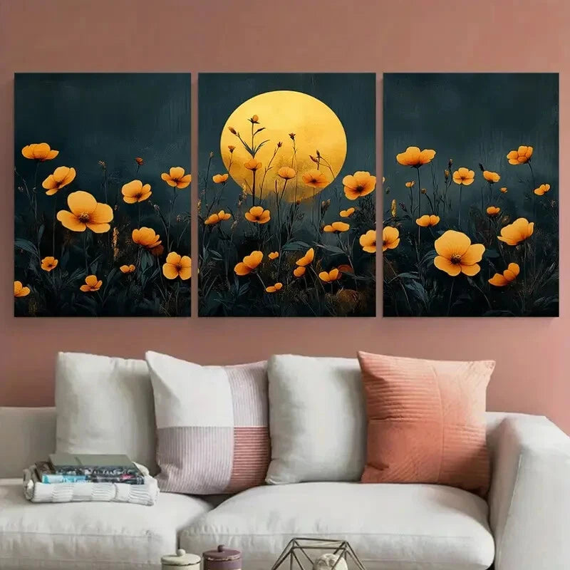 3pcs Abstract Floral Design with Golden Circle Metal Print Ready to Hang Art - Bella Home Decor