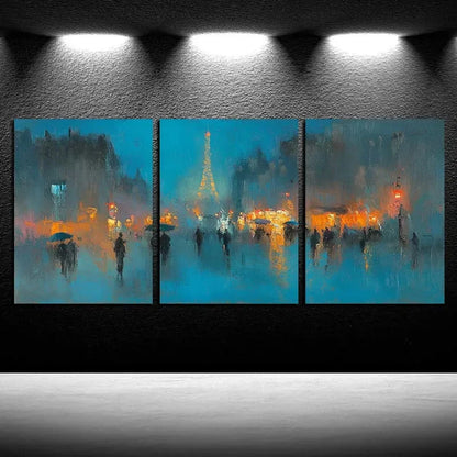 3pcs Vibrant Nighttime Eiffel Tower & Rainy Street Metal Print Ready to Hang Art - Bella Home Decor
