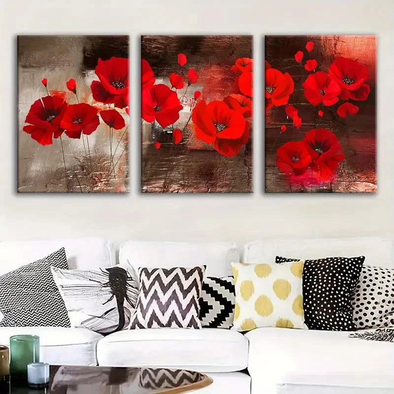 3pcs Red Poppy  Brown, Gray, White & Copper Wall Art Set Canvas Framed 50x70cm - High Quality Print 100% Australian Made Wall Canvas Ready to Hang - Bella Home Decor