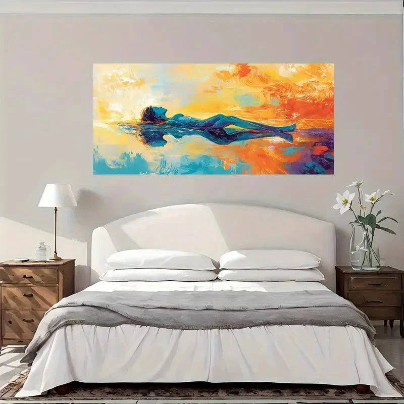 Blue & Golden Floating Woman Wall Art Canvas Office Home Room Framed 120x60cm