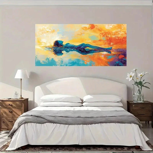 Blue & Golden Floating Woman Wall Art Canvas Office Home Room Framed 120x60cm
