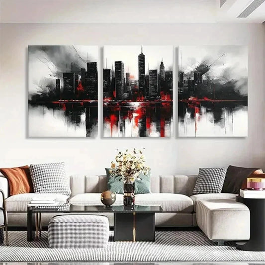 3pcs Red and Black Abstract Cityscape Perfect Wall Art Set Canvas Framed 60x90cm - High Quality Print 100% Australian Made Wall Canvas Ready to Hang