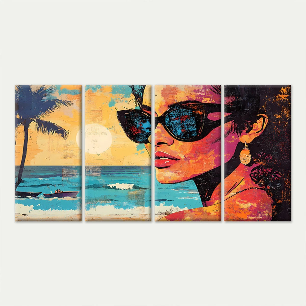 4pcs Vibrant Pop Art Woman in Sunglasses Wall Art Canvas Framed 45x80cm - High Quality Print 100% Australian Made Wall Canvas Ready to Hang