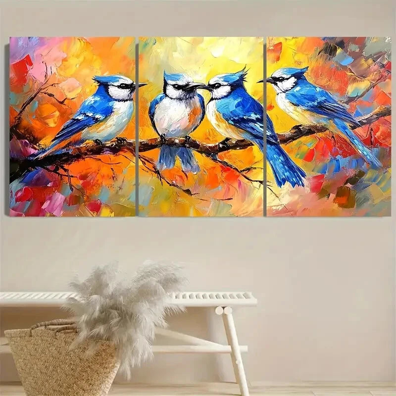 3pcs Beautiful Bluejays On A Tree Branch Metal Print Ready to Hang Art - Bella Home Decor