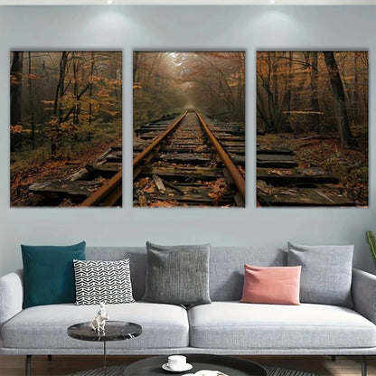 3pcs Autumn Forest and Abandoned Train Track Metal Print Ready to Hang Art
