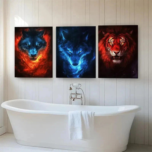 3pcs Fire and Ice Wolf & Tiger Triptych Perfect Wall Art Set Canvas Framed 50x70cm - High Quality Print 100% Australian Made Wall Canvas Ready to Hang