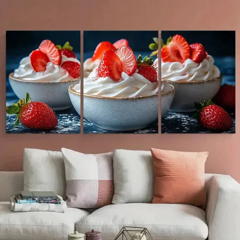 3pcs Vibrant Fresh Yogurt & Strawberry Design Wall Art Canvas Unframed – High Quality Print 100% Australian Made Wall Canvas