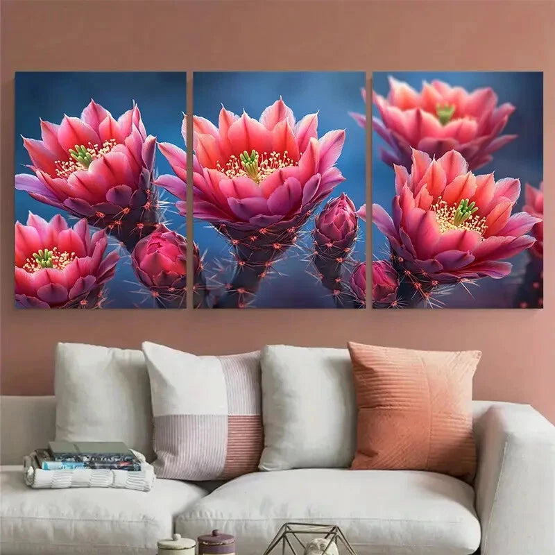 3pcs Vibrant Pink Blooming Flowering Cactus Floral Metal Print Ready to Hang Art - Bella Home Decor