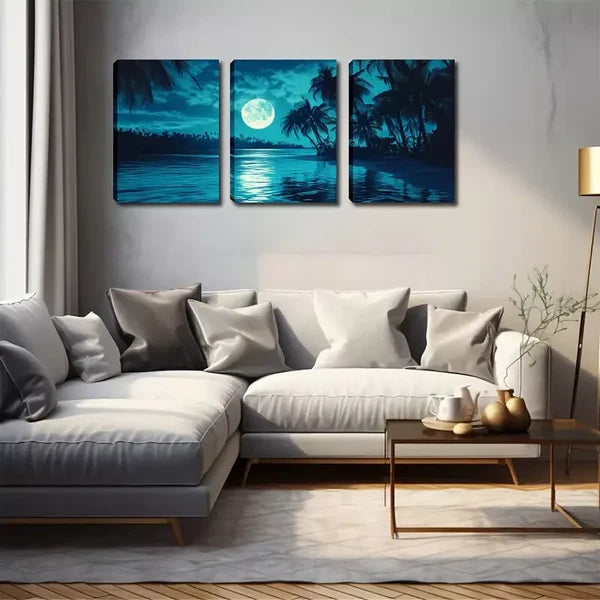 3pcs Night, Moon, Coconut Tree Wall Art Set Canvas Framed 60x90cm - High Quality Print 100% Australian Made Wall Canvas Ready to Hang - Bella Home Decor