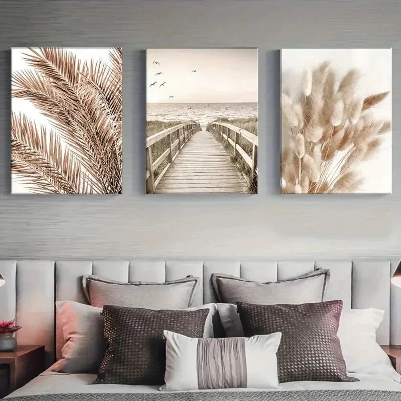 3pcs Beach Scene with Palm Trees Reeds & Pier Metal Print Ready to Hang Art - Bella Home Decor
