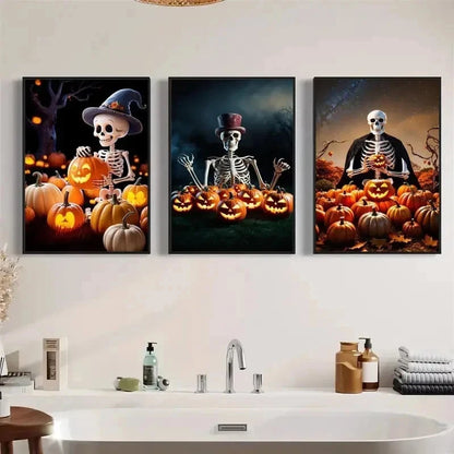 3pcs Spooky Pumpkin Wall Art Set Canvas Framed 50x70cm - High Quality Print 100% Australian Made Wall Canvas Ready to Hang