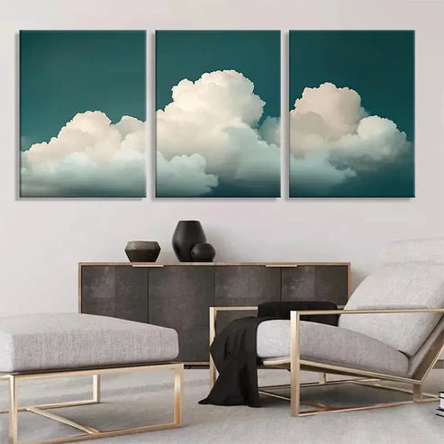 3pcs Serene Cloudscape Soft White Clouds Wall Art Set Canvas Unframed - High Quality Print 100% Australian Made Wall Canvas