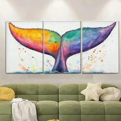 3pcs Rainbow Whale Tail Watercolor Art  Wall Art Set Canvas Unframed - High Quality Print 100% Australian Made Wall Canvas - Bella Home Decor