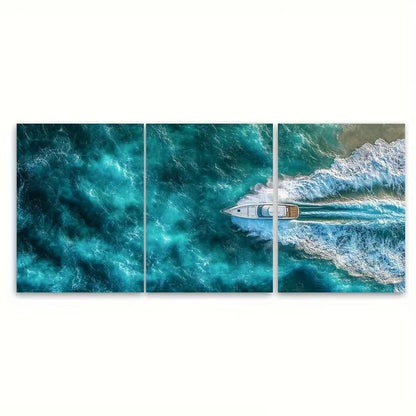 3pcs Stunning Aerial Seascape Boat on Sea Waves Metal Print Ready to Hang Art - Bella Home Decor