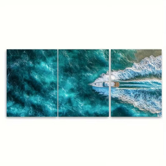 3pcs Stunning Aerial Seascape Boat on Sea Waves Metal Print Ready to Hang Art