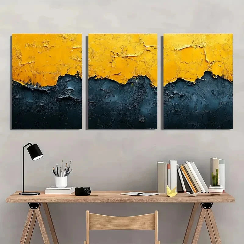 3pcs Abstract Yellow & Black Minimalist Textured Metal Print Ready to Hang Art - Bella Home Decor
