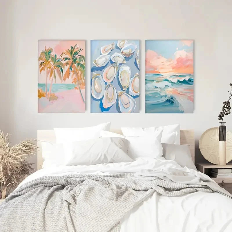 3pcs Sea View And Palm Tree Printing Ocean Oyster Metal Print Ready to Hang Art
