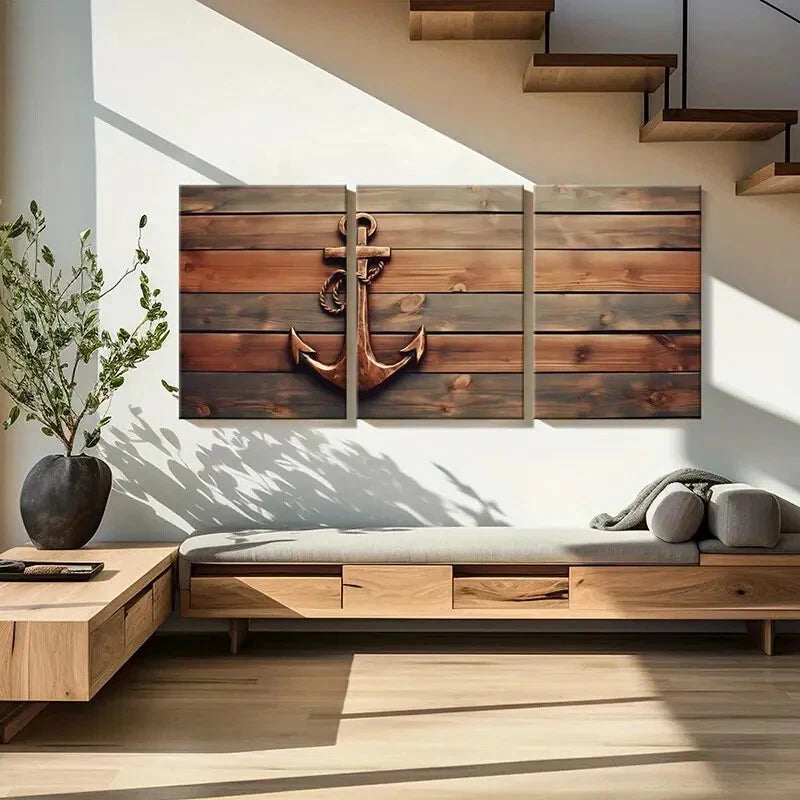 3pcs Coastal Nautical Anchor Wooden Metal Print Ready to Hang Art - Bella Home Decor