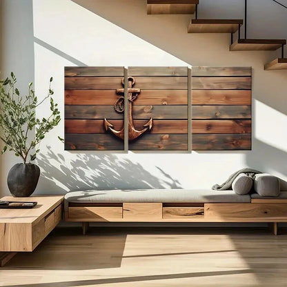3pcs Coastal Nautical Anchor Wooden Metal Print Ready to Hang Art - Bella Home Decor
