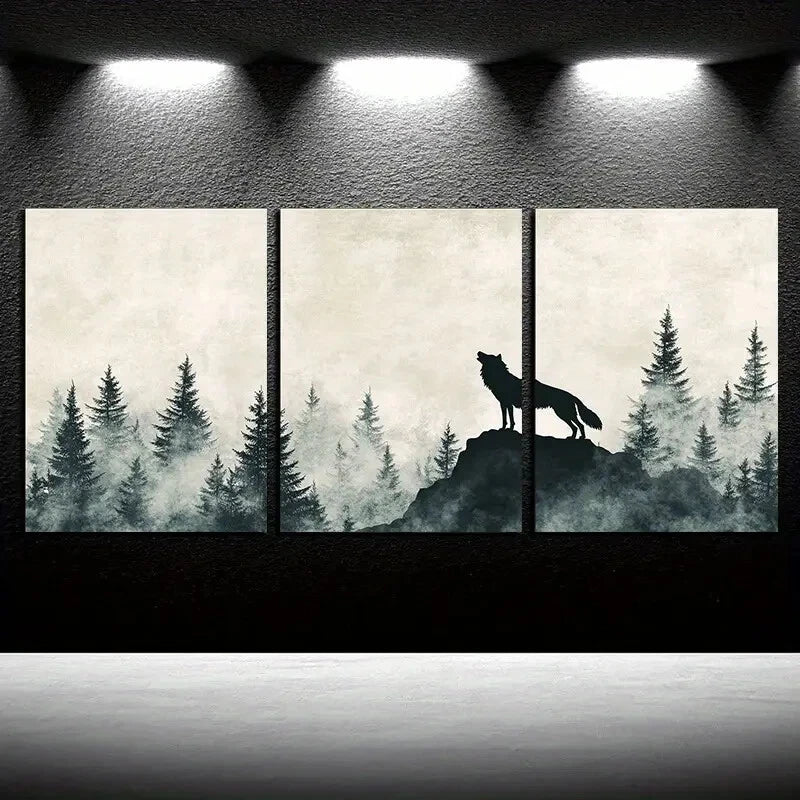 3pcs Howling Wolf Forest Silhouette Design Metal Print Ready to Hang Art - Bella Home Decor