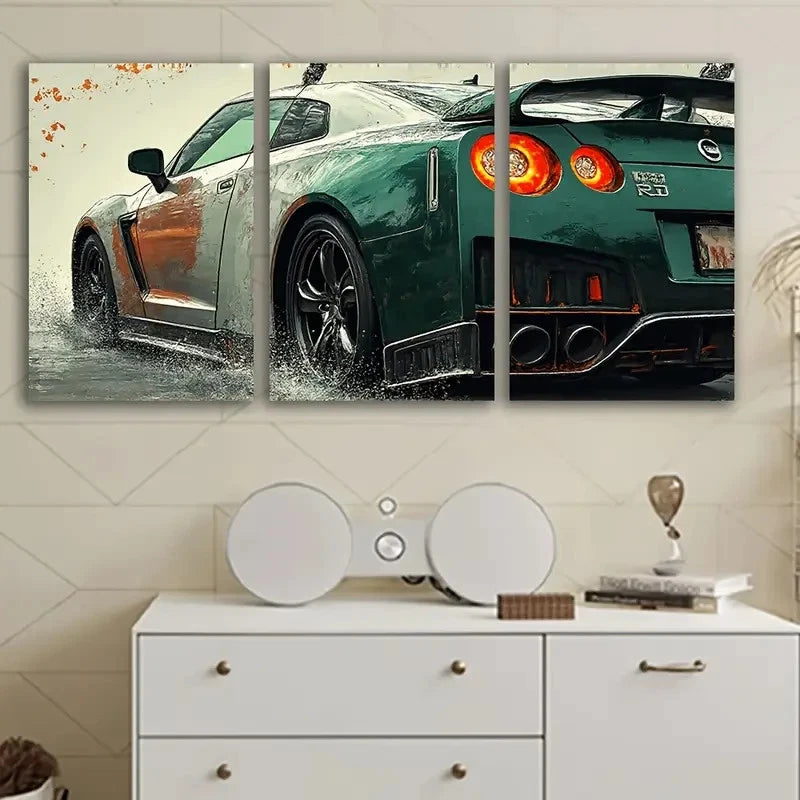 3pcs Green R35 GT-R Sport Car Abstract Wall Art Set Canvas Framed 60x90cm - High Quality Print 100% Australian Made Wall Canvas Ready to Hang