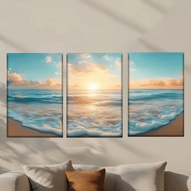 3pcs Sunset Waves & Sailboat Scene Wall Art Set Canvas Framed 50x70cm - High Quality Print 100% Australian Made Wall Canvas Ready to Hang