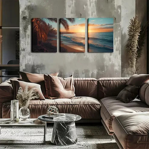 3pcs Coconut Trees & Ocean Waves Wall Art Canvas Unframed - High Quality Print 100% Australian Made Wall Canvas - Bella Home Decor