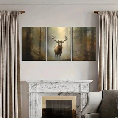 3pcs Vintage Red Deer in Foggy Forest Wall Art Set Canvas Framed 50x70cm - High Quality Print 100% Australian Made Wall Canvas Ready to Hang - Bella Home Decor