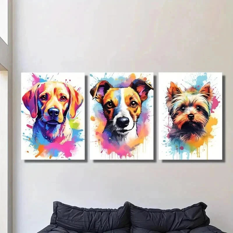 3pcs Vibrant Dog Portrait Adorable Puppies Wall Art Set Canvas Framed 50x70cm - High Quality Print 100% Australian Made Wall Canvas Ready to Hang