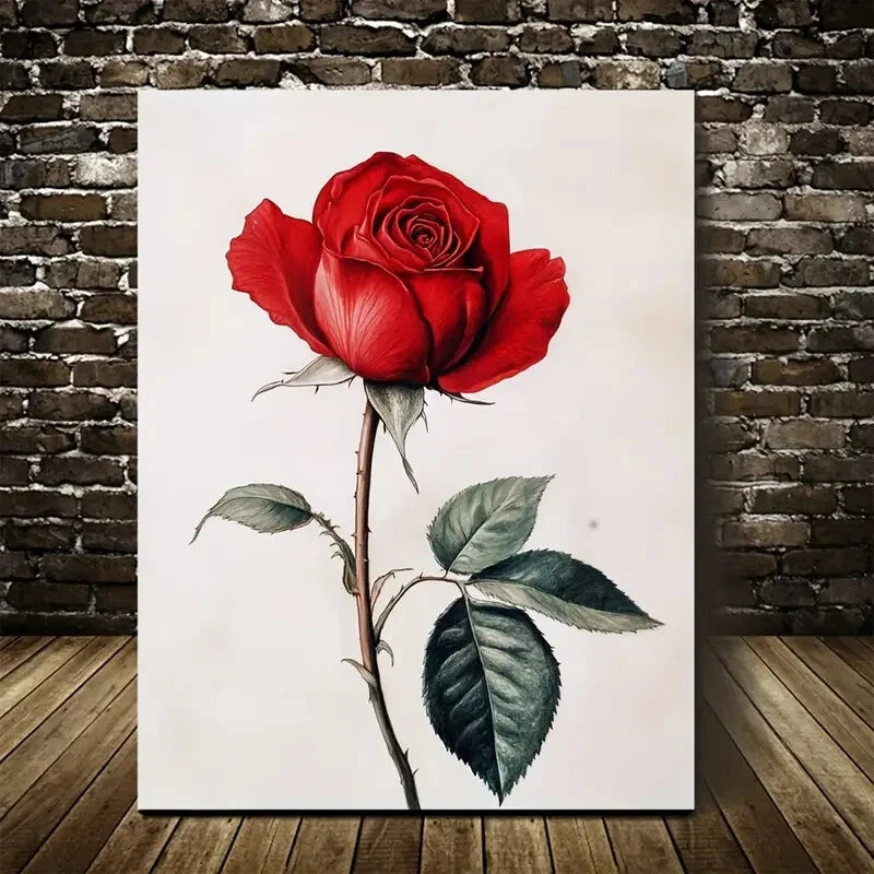 Beautiful Vibrant Red Rose with Green Leaves Painting 40x60cm Metal Print Ready to Hang - Bella Home Decor