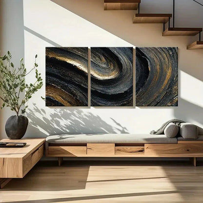3pcs Abstract Swirls Golden Lines Dark Background Metal Print Ready to Hang Art - Bella Home Decor