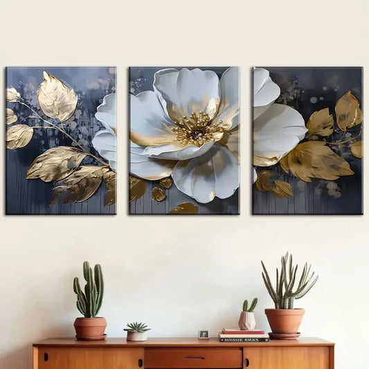 3pcs Modern Abstract Floral Big White Flowers Metal Print Ready to Hang Art