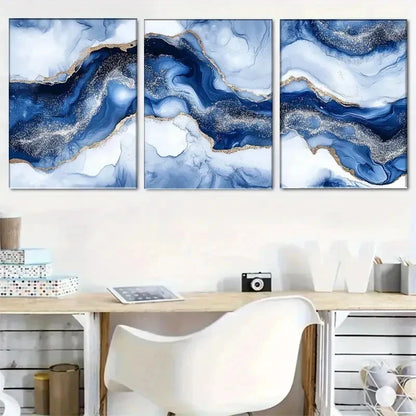 3pcs Blue and Golden Abstract Wave Metal Print Ready to Hang Art - Bella Home Decor