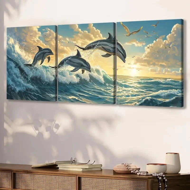 3pcs Dolphin Canvas Framed 50x70cm - High Quality Print 100% Australian Made Wall Canvas Ready to Hang - Bella Home Decor