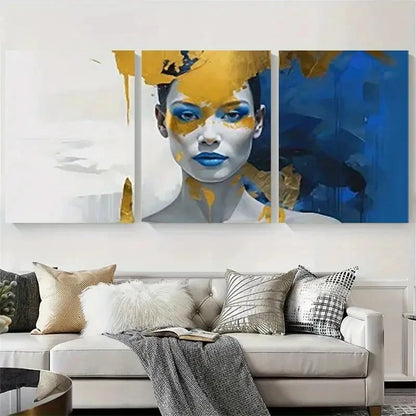 3pcs Blue Golden Abstract Portrait Wall Art Set Canvas Framed 40x60cm - High Quality Print 100% Australian Made Wall Canvas Ready to Hang - Bella Home Decor