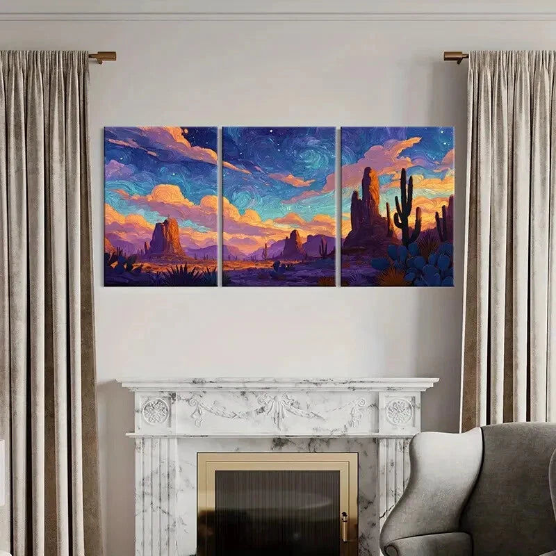 3pcs Desert Landscape Starry Sky Cactus Metal Print Ready to Hang Art - Bella Home Decor