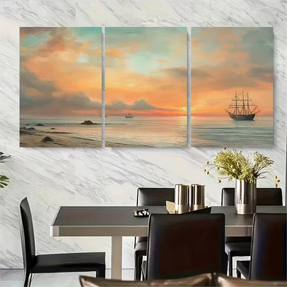 3pcs Ships Sailing at Sunset, Pastel Skies Metal Print Ready to Hang Art
