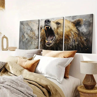 3pcs Artistic Bear Roar  Canvas Framed 50x70cm - High Quality Print 100% Australian Made Wall Canvas Ready to Hang - Bella Home Decor