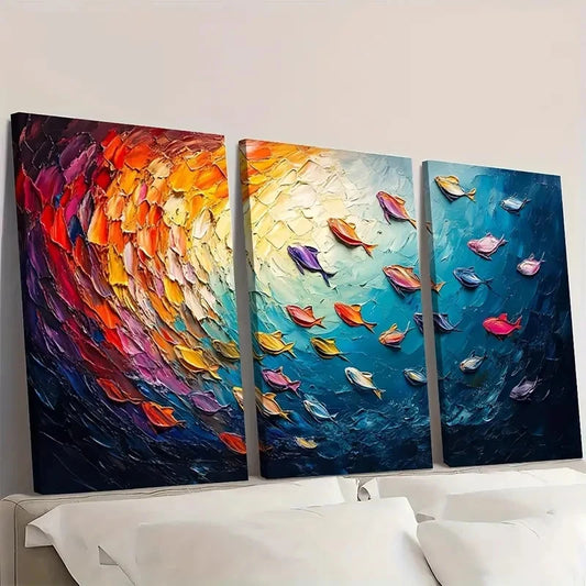 3pcs Colorful Fish School Abstract GJ Wall Art Set Canvas Framed 60x90cm - High Quality Print 100% Australian Made Wall Canvas Ready to Hang