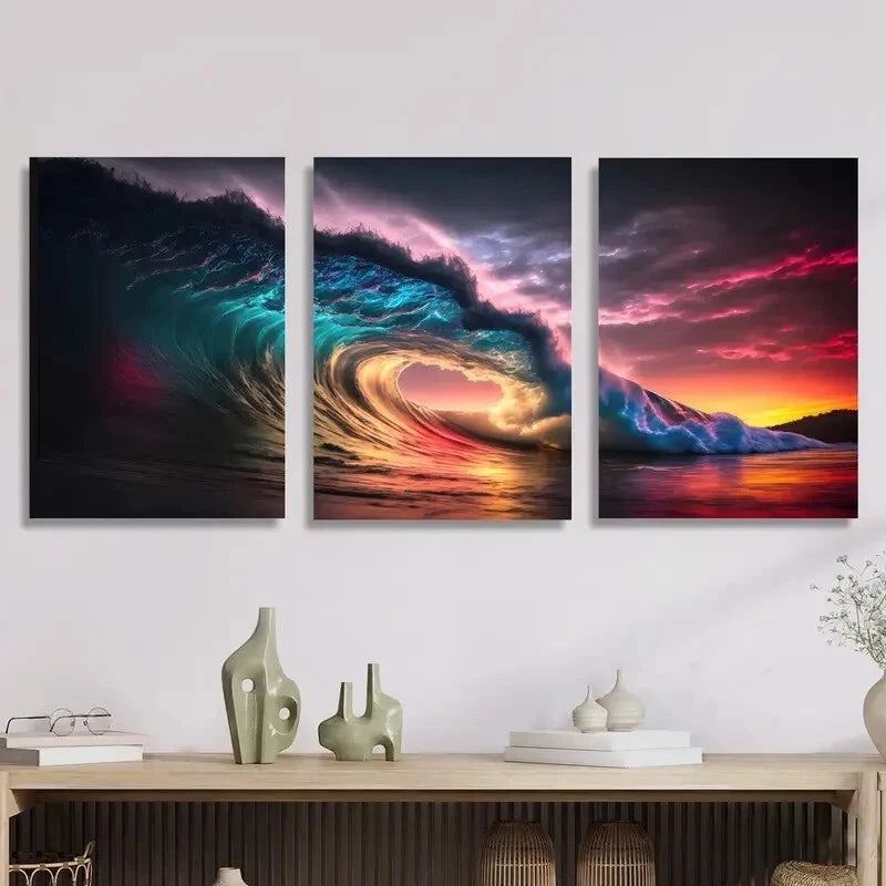 3pcs Sunset Over Waves, Showcasing Stunning Wave Metal Print Ready to Hang Art