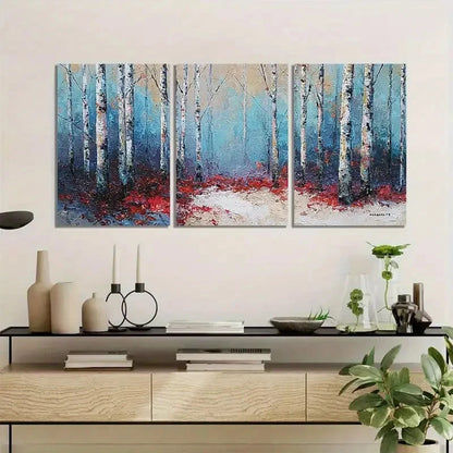 3pcs Abstract Winter Birch Forest with Red Leaves Metal Print Ready to Hang Art - Bella Home Decor