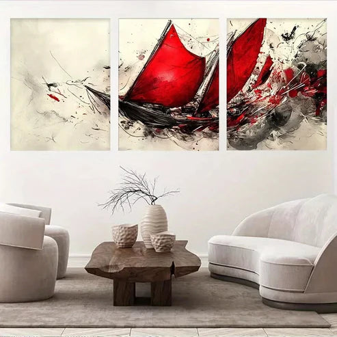 3pcs Abstract Sailing Ship Bold Red Sails Wall Art Set Canvas Unframed - High Quality Print 100% Australian Made Wall Canvas - Bella Home Decor
