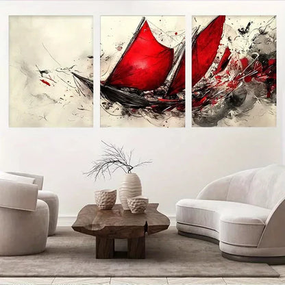 3pcs Abstract Sailing Ship Bold Red Sails Wall Art Set Canvas Unframed - High Quality Print 100% Australian Made Wall Canvas - Bella Home Decor