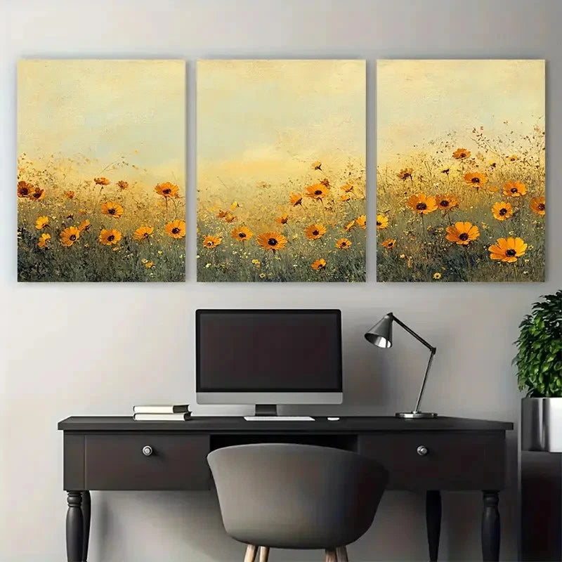 3pcs Field of Golden Vintage Wildflower Field Wall Art Set Canvas Framed 60x90cm - High Quality Print 100% Australian Made Wall Canvas Ready to Hang
